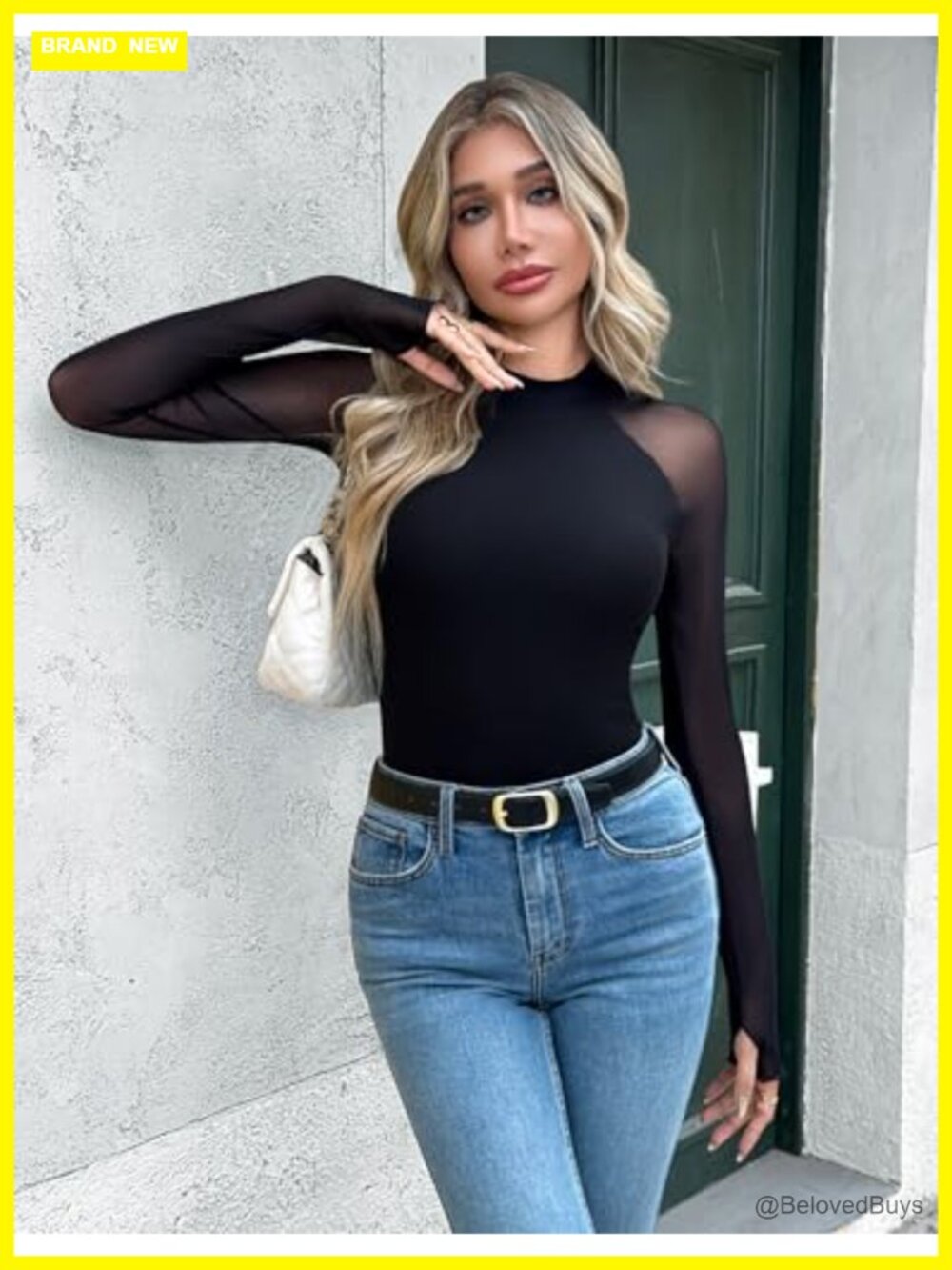 Women's Sheer Mesh Long Sleeve Blouse Mock Neck Fitted Top - Picture 2 of 6